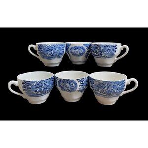 Vtg Blue White Willow Coffee Tea Cup Made In England Set Of 6- Horses & floral